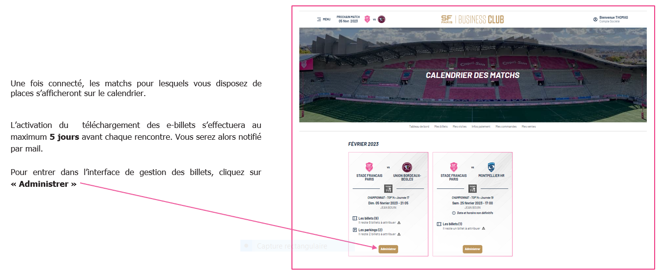 Administrer ses billets | Stade Français